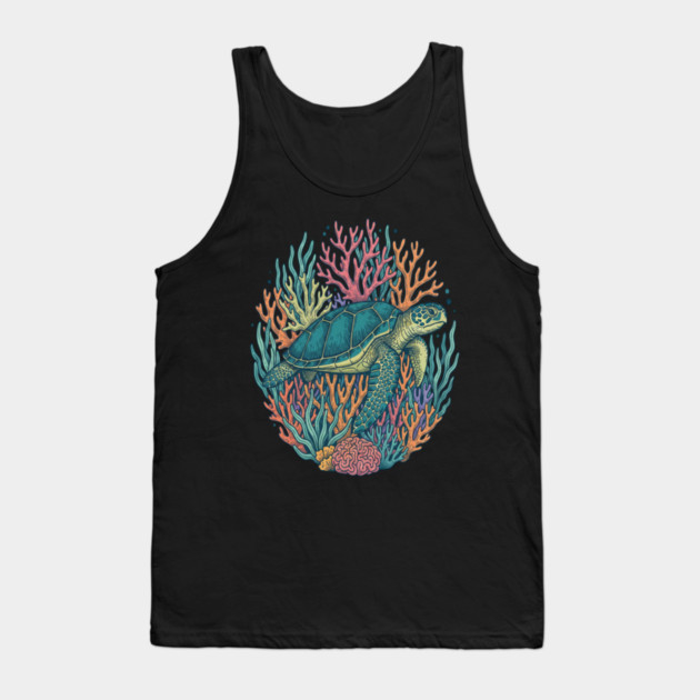Green Sea Turtle Ocean Coral Illustration Tank Top by BirdsnStuff
