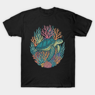 Green Sea Turtle Ocean Coral Illustration T-Shirt