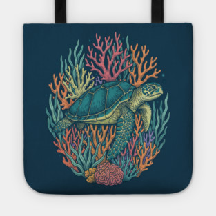 Green Sea Turtle Ocean Coral Illustration Tote