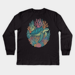 Green Sea Turtle Ocean Coral Illustration Kids Long Sleeve T-Shirt