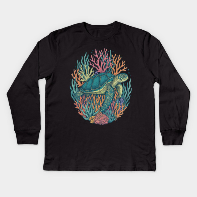 Green Sea Turtle Ocean Coral Illustration Kids Long Sleeve T-Shirt by BirdsnStuff