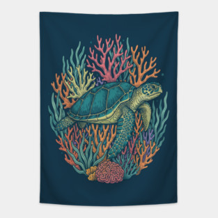 Green Sea Turtle Ocean Coral Illustration Tapestry