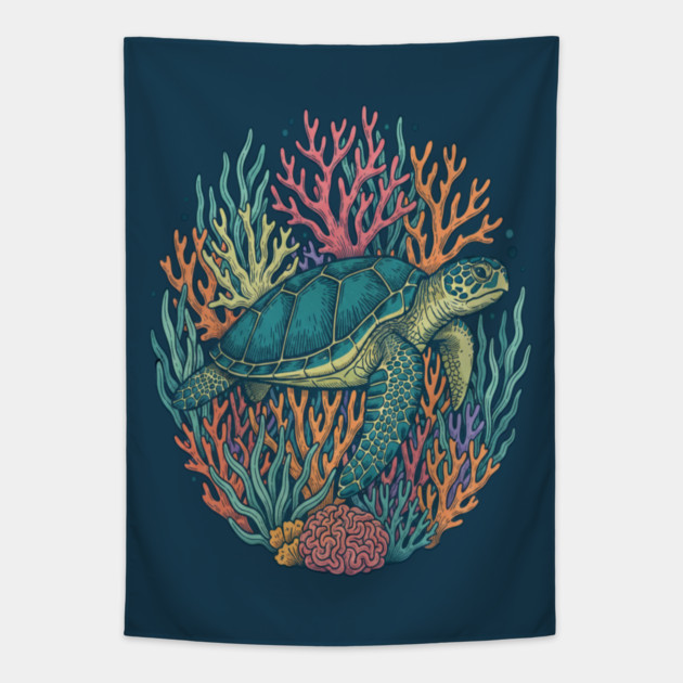 Green Sea Turtle Ocean Coral Illustration Tapestry by BirdsnStuff
