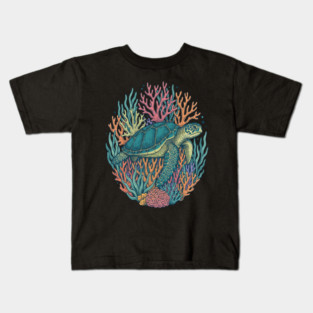 Green Sea Turtle Ocean Coral Illustration Kids T-Shirt
