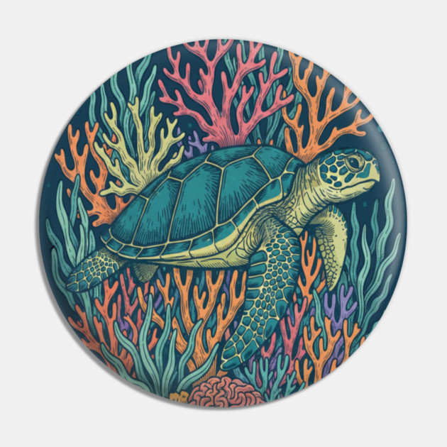 Green Sea Turtle Ocean Coral Illustration Pin by BirdsnStuff
