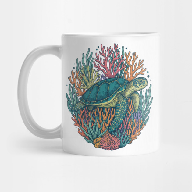 Green Sea Turtle Ocean Coral Illustration by BirdsnStuff
