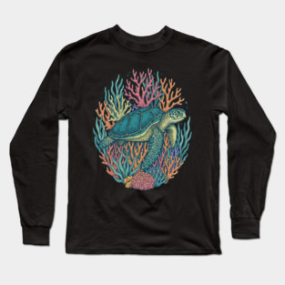 Green Sea Turtle Ocean Coral Illustration Long Sleeve T-Shirt