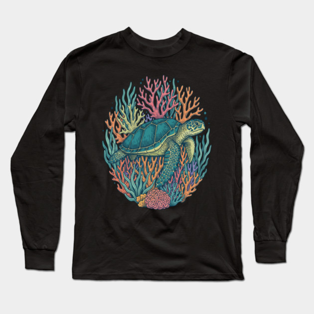 Green Sea Turtle Ocean Coral Illustration Long Sleeve T-Shirt by BirdsnStuff