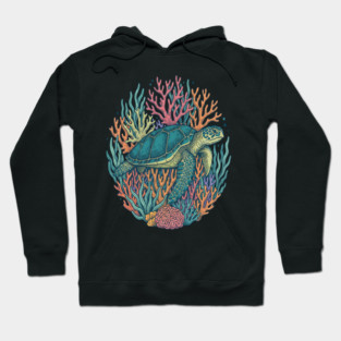 Green Sea Turtle Ocean Coral Illustration Hoodie