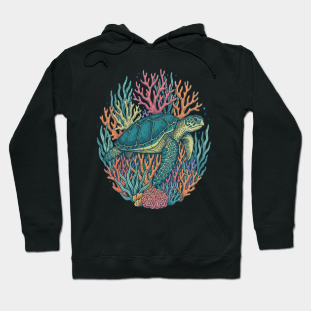 Green Sea Turtle Ocean Coral Illustration Hoodie by BirdsnStuff