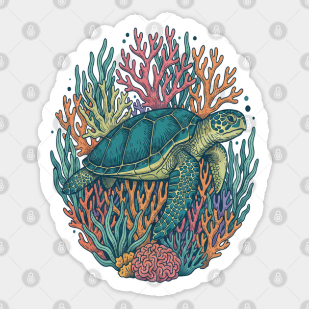 Green Sea Turtle Ocean Coral Illustration Sticker by BirdsnStuff