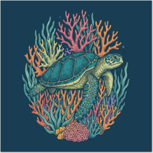 Green Sea Turtle Ocean Coral Illustration Posters and Art