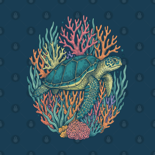 Green Sea Turtle Ocean Coral Illustration by BirdsnStuff