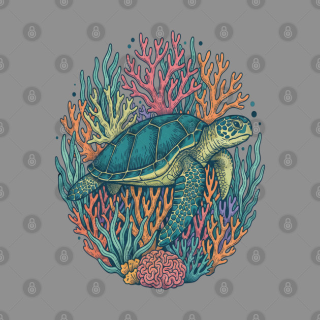 Green Sea Turtle Ocean Coral Illustration by BirdsnStuff