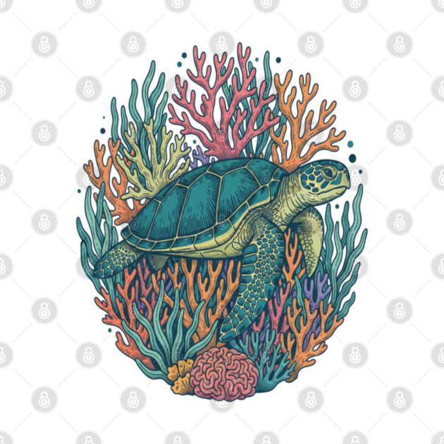 Green Sea Turtle Ocean Coral Illustration by BirdsnStuff