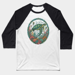 Green Sea Turtle Ocean Reef Illustration Baseball T-Shirt