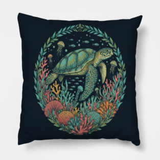 Green Sea Turtle Ocean Reef Illustration Pillow