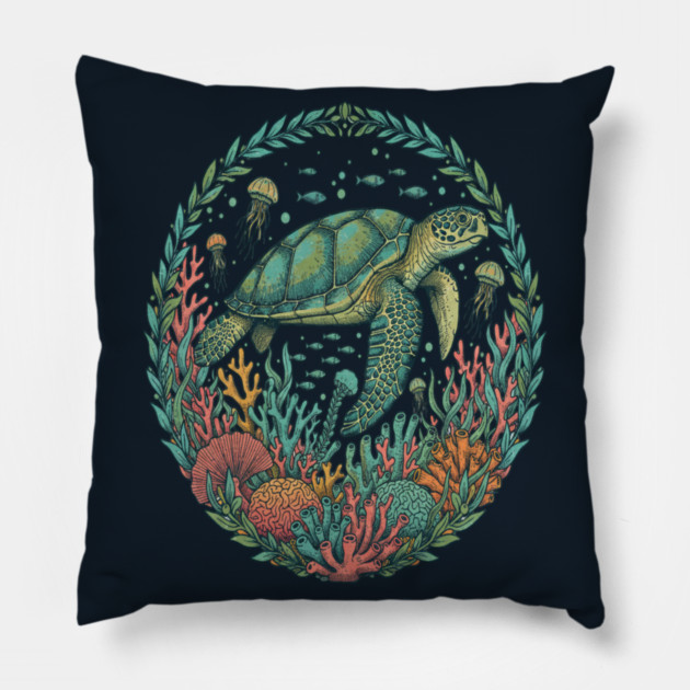 Green Sea Turtle Ocean Reef Illustration Pillow by BirdsnStuff
