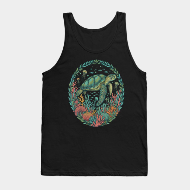 Green Sea Turtle Ocean Reef Illustration Tank Top by BirdsnStuff