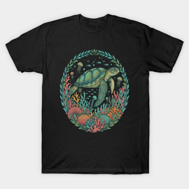 Green Sea Turtle Ocean Reef Illustration T-Shirt by BirdsnStuff