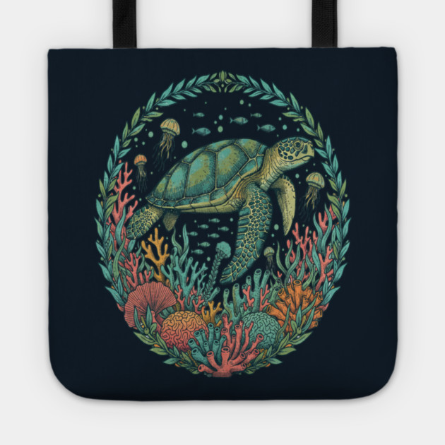 Green Sea Turtle Ocean Reef Illustration Tote by BirdsnStuff