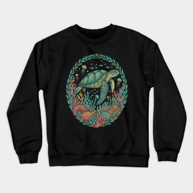 Green Sea Turtle Ocean Reef Illustration Crewneck Sweatshirt by BirdsnStuff