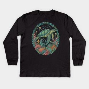Green Sea Turtle Ocean Reef Illustration Kids Long Sleeve T-Shirt