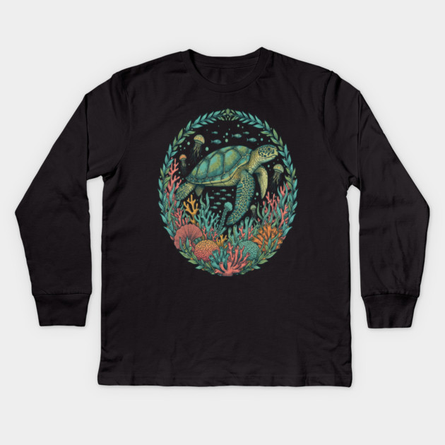 Green Sea Turtle Ocean Reef Illustration Kids Long Sleeve T-Shirt by BirdsnStuff
