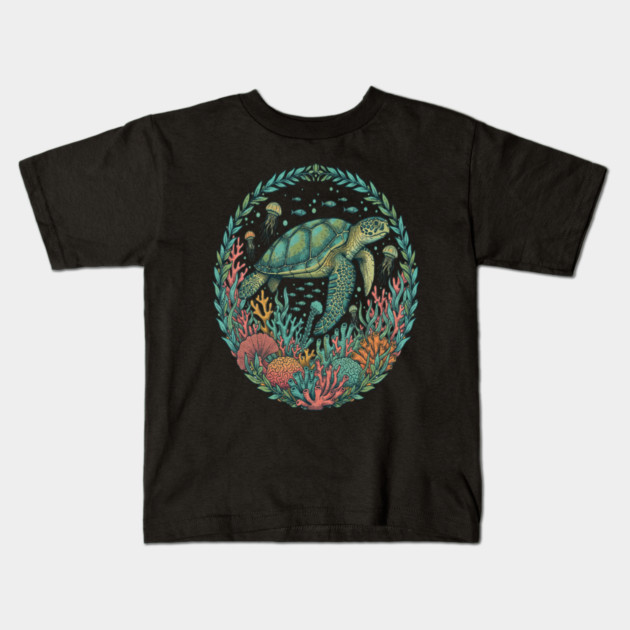 Green Sea Turtle Ocean Reef Illustration Kids T-Shirt by BirdsnStuff