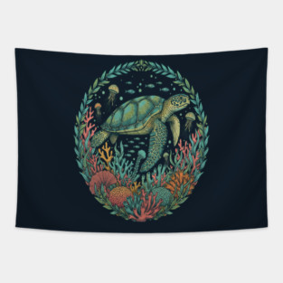 Green Sea Turtle Ocean Reef Illustration Tapestry
