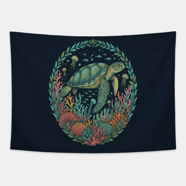 Green Sea Turtle Ocean Reef Illustration Tapestry by BirdsnStuff
