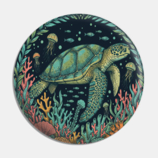 Green Sea Turtle Ocean Reef Illustration Pin