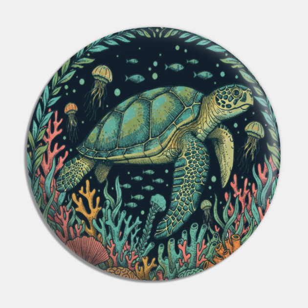 Green Sea Turtle Ocean Reef Illustration Pin by BirdsnStuff