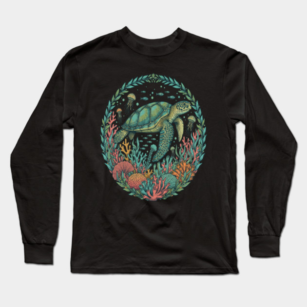 Green Sea Turtle Ocean Reef Illustration Long Sleeve T-Shirt by BirdsnStuff