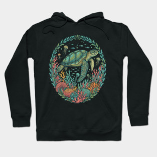 Green Sea Turtle Ocean Reef Illustration Hoodie