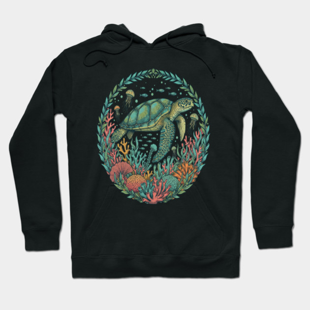Green Sea Turtle Ocean Reef Illustration Hoodie by BirdsnStuff