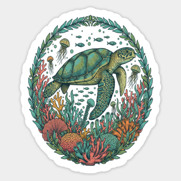 Green Sea Turtle Ocean Reef Illustration Magnet by BirdsnStuff
