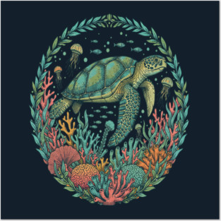 Green Sea Turtle Ocean Reef Illustration Posters and Art