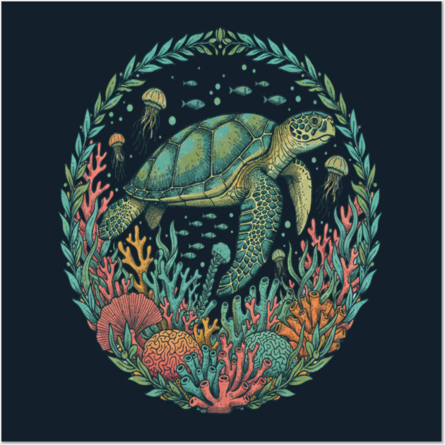Green Sea Turtle Ocean Reef Illustration Wall Art by BirdsnStuff