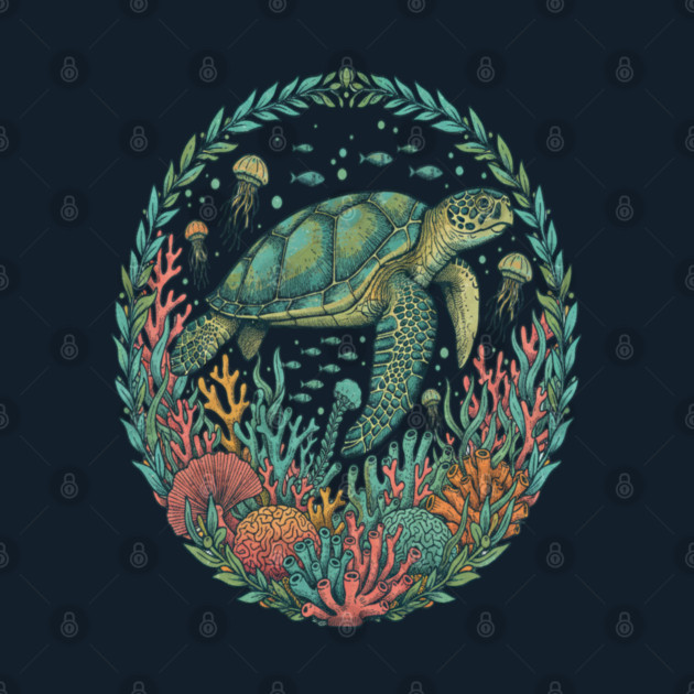 Green Sea Turtle Ocean Reef Illustration by BirdsnStuff