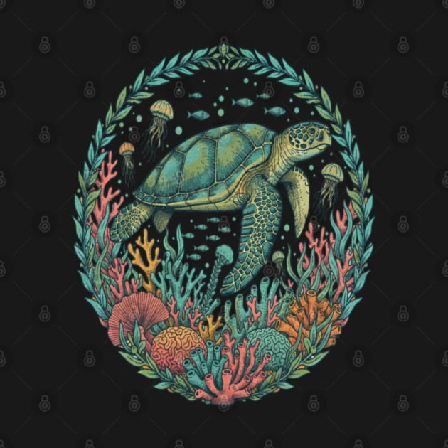 Green Sea Turtle Ocean Reef Illustration by BirdsnStuff