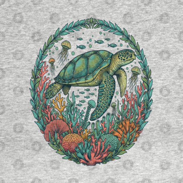 Green Sea Turtle Ocean Reef Illustration by BirdsnStuff