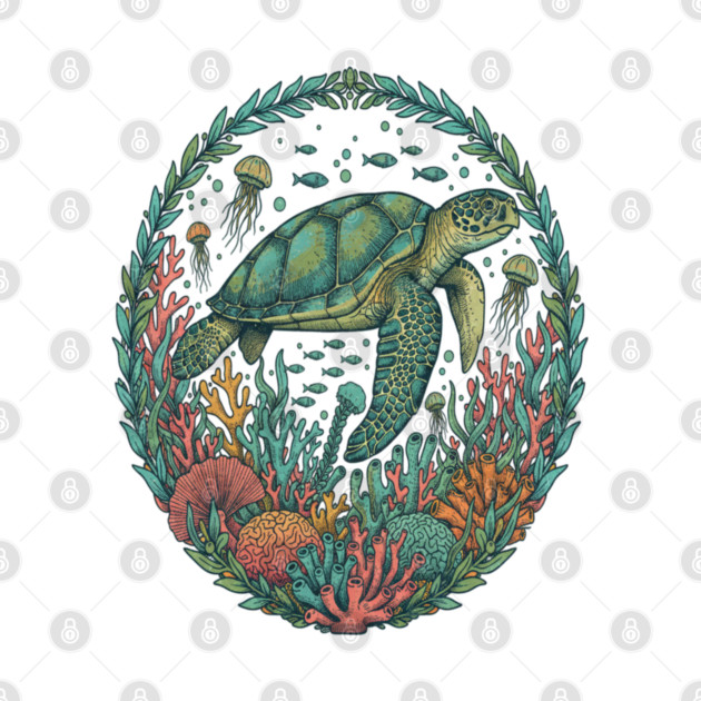 Green Sea Turtle Ocean Reef Illustration by BirdsnStuff