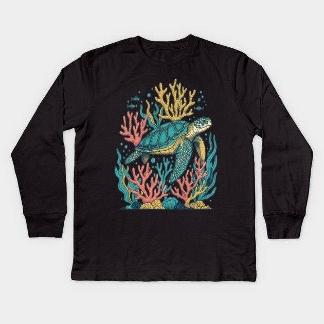 Green Sea Turtle Ocean Coral Reef Kids Long Sleeve T-Shirt by BirdsnStuff