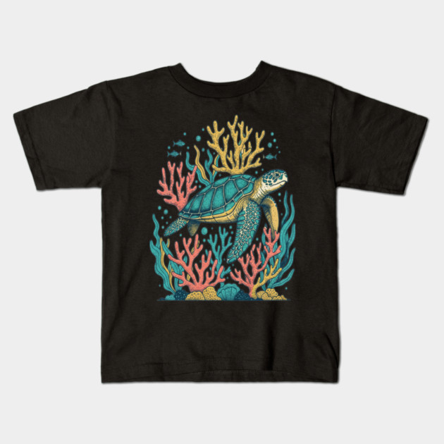 Green Sea Turtle Ocean Coral Reef Kids T-Shirt by BirdsnStuff