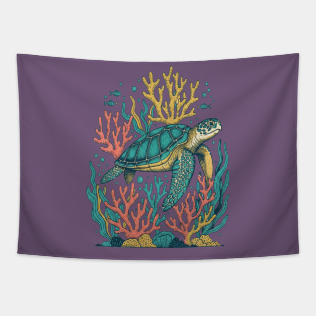 Green Sea Turtle Ocean Coral Reef Tapestry by BirdsnStuff