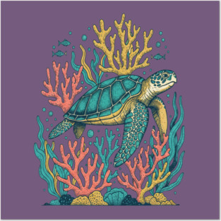 Green Sea Turtle Ocean Coral Reef Posters and Art