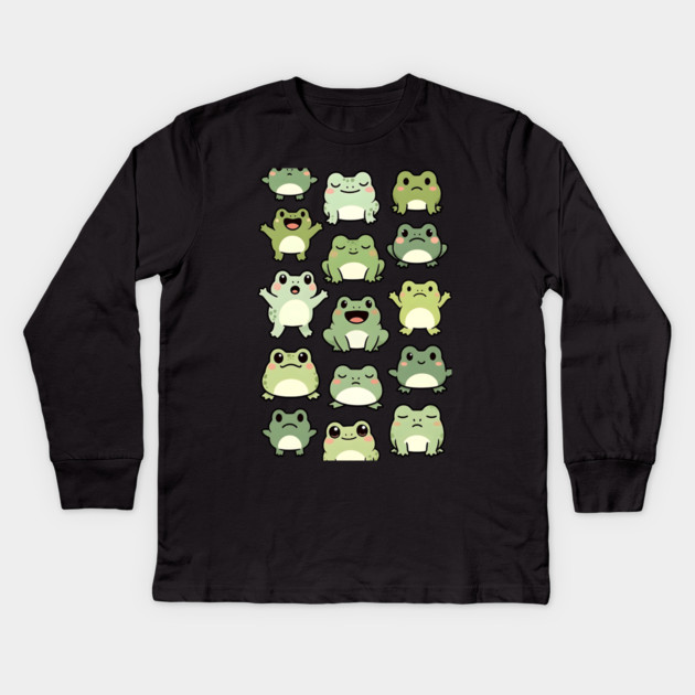 Frog Doodle Pattern - Kawaii Gift for Kids, Boys and Girls Kids Long Sleeve T-Shirt by Pixel Threads 