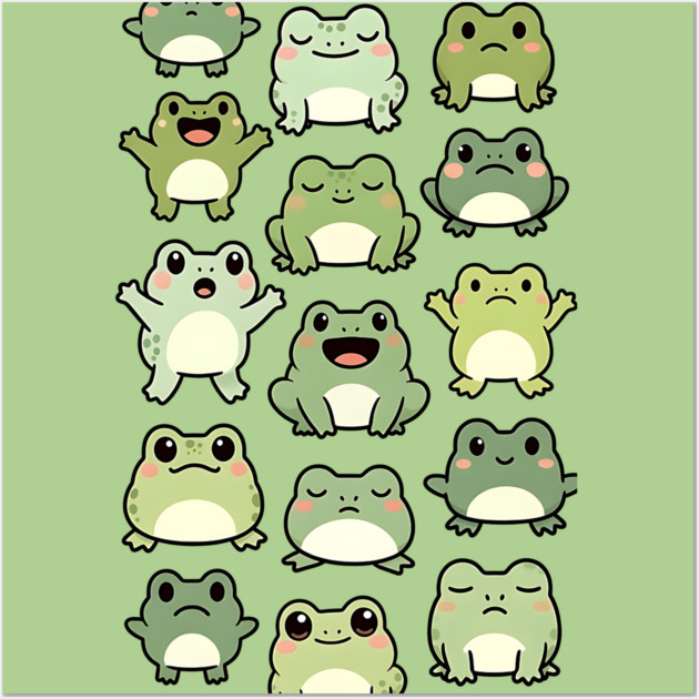 Frog Doodle Pattern - Kawaii Gift for Kids, Boys and Girls Wall Art by Pixel Threads 