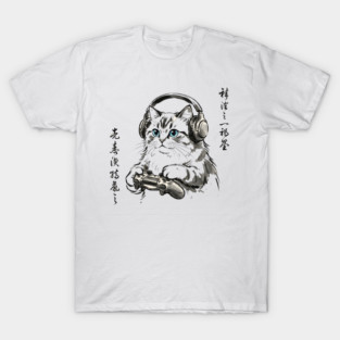 Gamer Cat Blue Eyes Japanese Aesthetic Cat Lover T-Shirt